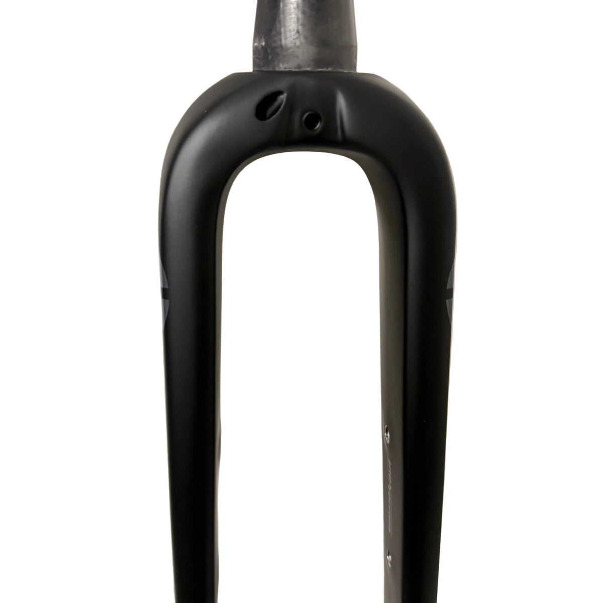 Front view of Tout Terrain Gravel Fork crown and tapered carbon steerer, matte black