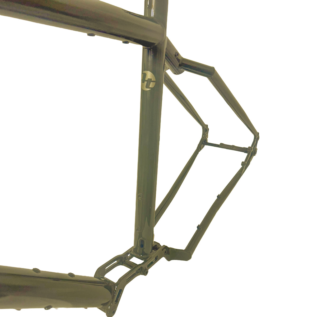 Outback Xplore II 29 rear triangle and seat tube junction, Black Olive steel bikepacking frame