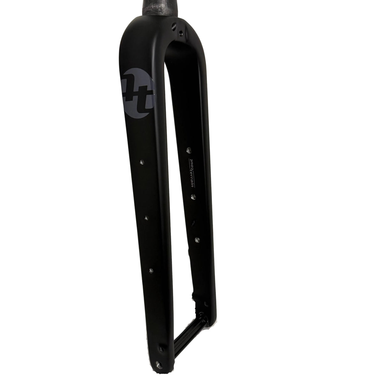 Tout Terrain Gravel Fork carbon fork leg with three replaceable bottle bosses and Tout Terrain logo
