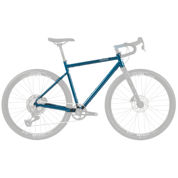 Tout Terrain Ceres GT steel gravel frame in Acqua Bella blue, shown highlighted on a full gravel bike build